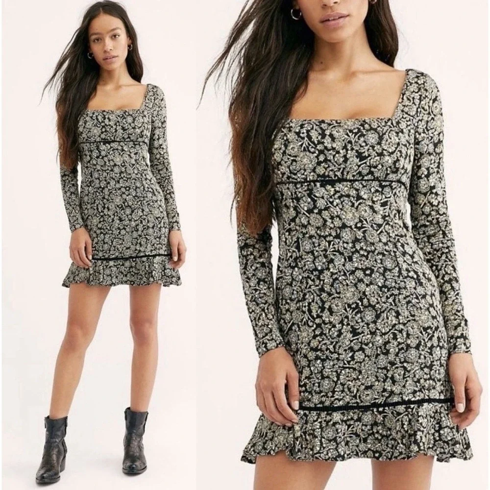 Free People Women's Boheme Mini Dress Black Floral Ruffle Long Sleeves Sz 4 $128